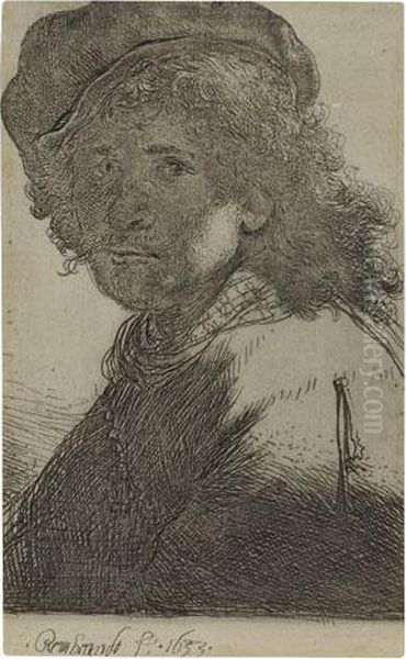 Self Portrait In A Cap And Scarf With The Face Dark:bust Oil Painting by Harmenszoon van Rijn Rembrandt