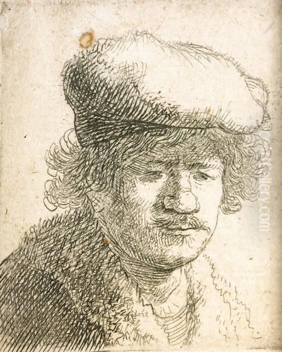 Self Portrait With Cap Pulled Forward Oil Painting by Harmenszoon van Rijn Rembrandt