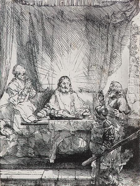 Christ At Emmaus: The Larger Plate (bartsch 87) Oil Painting by Harmenszoon van Rijn Rembrandt