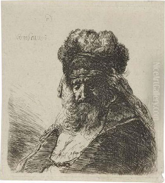 Old Bearded Man In A High Fur Cap, With Eyes Closed Oil Painting by Harmenszoon van Rijn Rembrandt