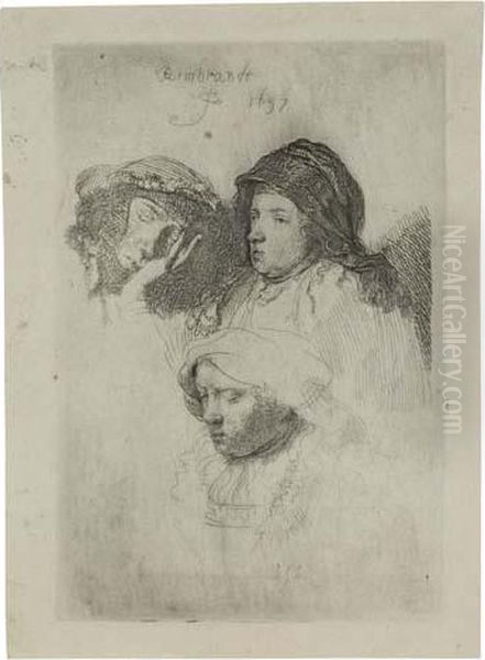 Three Heads Of Women, One Asleep Oil Painting by Harmenszoon van Rijn Rembrandt