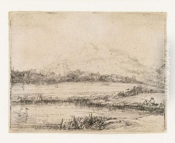 Canal With An Angler And Two Swans Oil Painting by Harmenszoon van Rijn Rembrandt