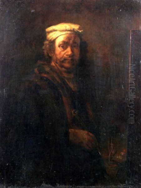 Self-portrait At The Easel. Oil Painting by Harmenszoon van Rijn Rembrandt