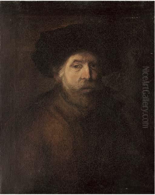 Portrait Of A Gentleman, Bust-length, Wearing A Black Cap Oil Painting by Harmenszoon van Rijn Rembrandt