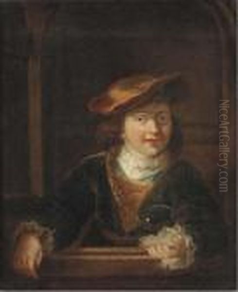 A Boy In A Cap Wearing A Gold Chain Holding A Bubble, At Acasement Oil Painting by Harmenszoon van Rijn Rembrandt