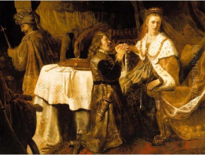 Haman Pleading With Esther For His Life Oil Painting by Harmenszoon van Rijn Rembrandt