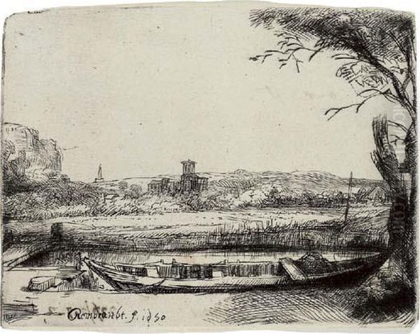A Canal With A Large Boat And Bridge Oil Painting by Harmenszoon van Rijn Rembrandt