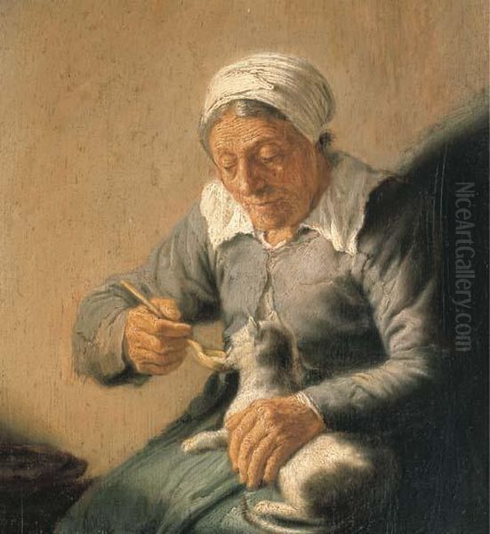 An Old Peasant Woman Feeding A Cat Milk Oil Painting by Harmenszoon van Rijn Rembrandt