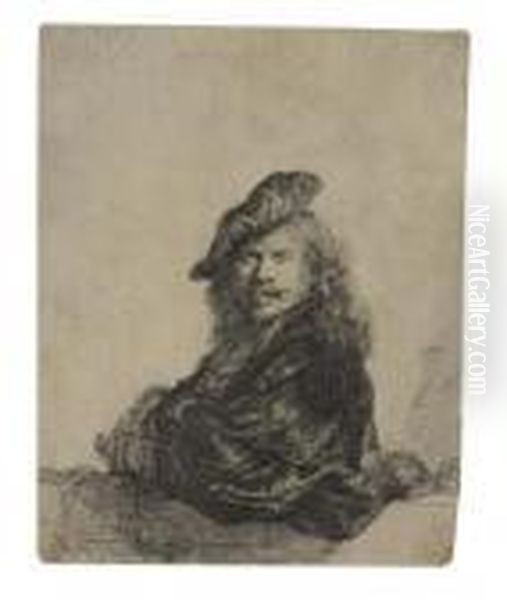 Self Portrait Leaning On A Stone Sill. Oil Painting by Harmenszoon van Rijn Rembrandt