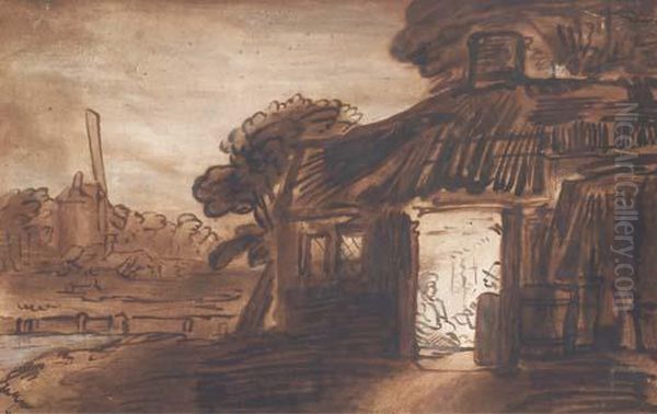 Une Chaumiere Avec Des Personnages Assis A L'interieur, Un Moulin Dans Le Fond A Gauche Oil Painting by Harmenszoon van Rijn Rembrandt