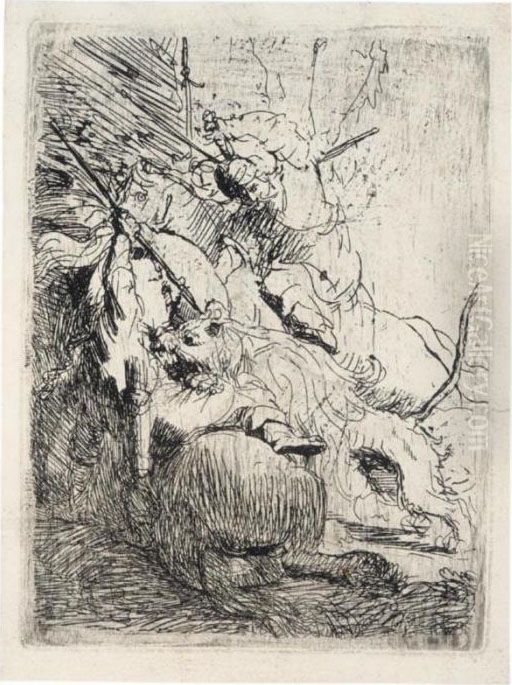 The Small Lion Hunt (with One Lion) (b., Holl.116; H.6; Bb.29-3) Oil Painting by Harmenszoon van Rijn Rembrandt