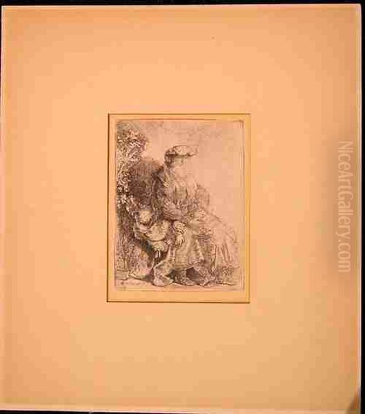 A Gentleman And Young Boy Holding An Apple Oil Painting by Harmenszoon van Rijn Rembrandt