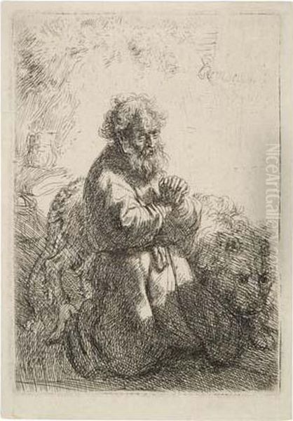 St. Jerome Kneeling In Prayer, Looking Down. Oil Painting by Harmenszoon van Rijn Rembrandt