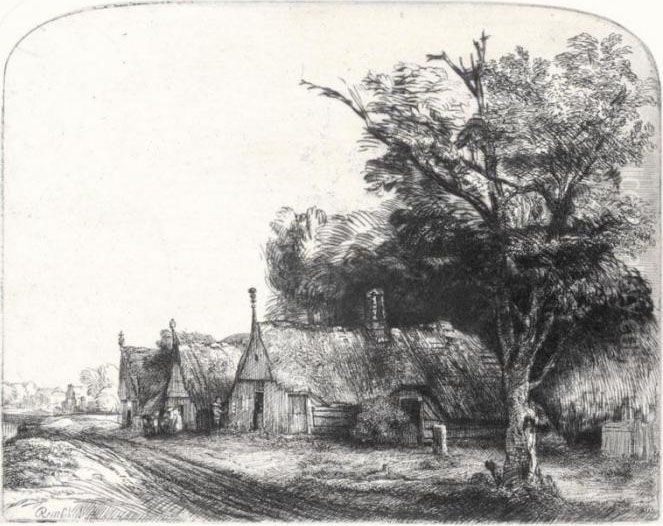 Three Gabled Cottages Beside A 
Road (bartsch, Hollstein 217; Hind 246; Bjorklund & Barnard 50-d) Oil Painting by Harmenszoon van Rijn Rembrandt