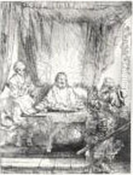 Christ At Emmaus: The Larger Plate (b., Holl.87; H.282; Bb.54-h) Oil Painting by Harmenszoon van Rijn Rembrandt