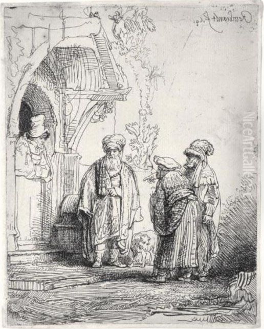 Three Oriental Figures (jacob And Laban?) (b., Holl.118; H.183; Bb.41-f) Oil Painting by Harmenszoon van Rijn Rembrandt