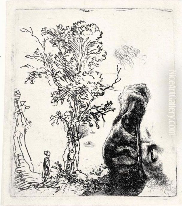 Sheet With Two Studies: A Tree, 
And The Upper Part Of A Head Of The Artist Wearing A Velvet Cap (b., 
Holl.372; H.155; Bb.42-1) Oil Painting by Harmenszoon van Rijn Rembrandt