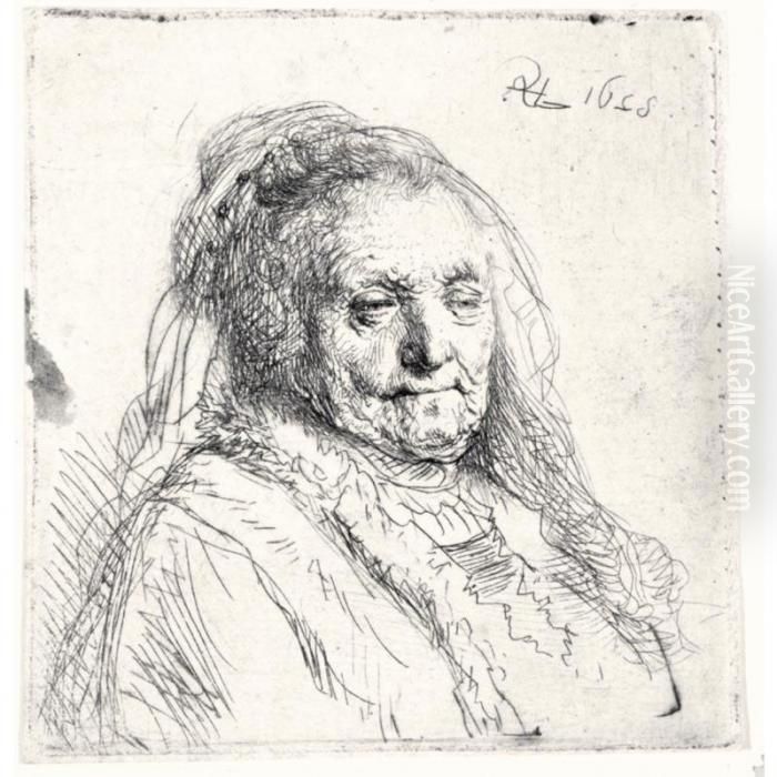 The Artist's Mother; Head And Bust: Three Quaters Right (b., Holl.354; H.1; Bb.28-a) Oil Painting by Harmenszoon van Rijn Rembrandt