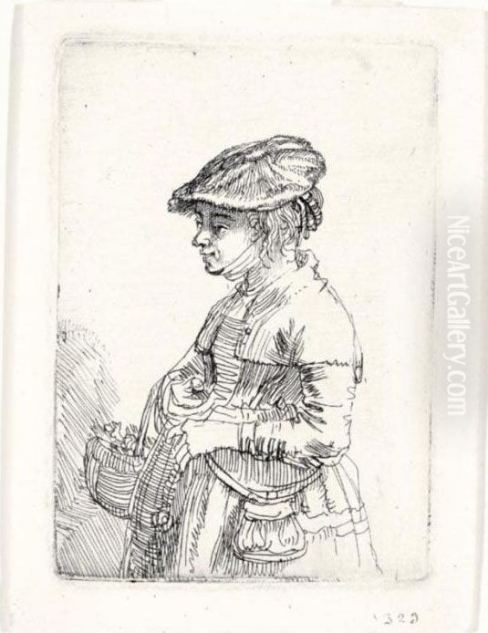 Girl With A Basket (b., Holl.356; H.195; Bb.42-3) Oil Painting by Harmenszoon van Rijn Rembrandt