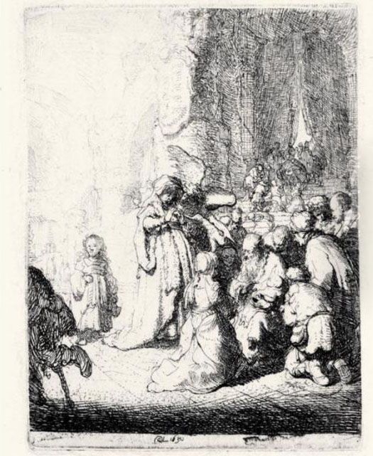 The Presentation In The Temple With The Angel: Small Plate (b., Holl.51; H.18; Bb.30-c) Oil Painting by Harmenszoon van Rijn Rembrandt