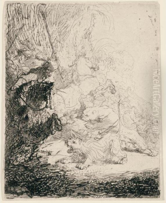 The Small Lion Hunt (b., Holl.115; H.180; Bb.41-3) Oil Painting by Harmenszoon van Rijn Rembrandt