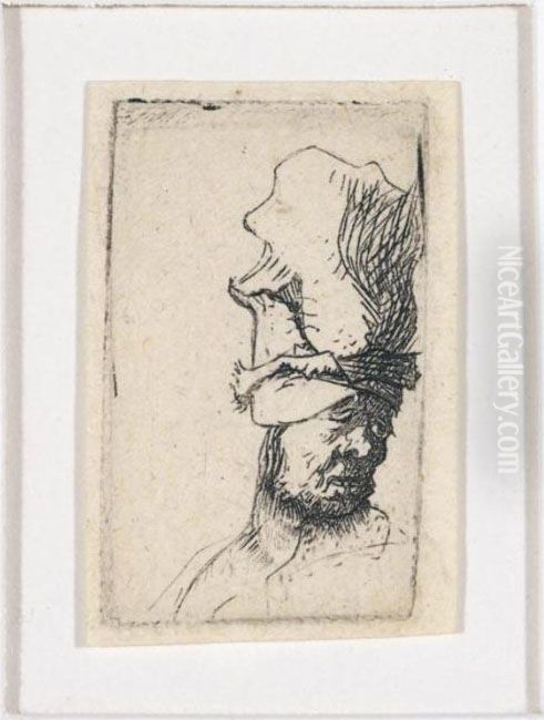 Head Of A Man In A High Cap (b., Holl.302; H.39; Bb.31-2) Oil Painting by Harmenszoon van Rijn Rembrandt