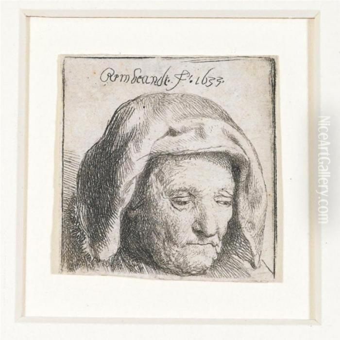 The Artist's Mother In A Cloth 
Headdress, Looking Down: Head Only (b., Holl.351; H.107; Bb.33-f) Oil Painting by Harmenszoon van Rijn Rembrandt
