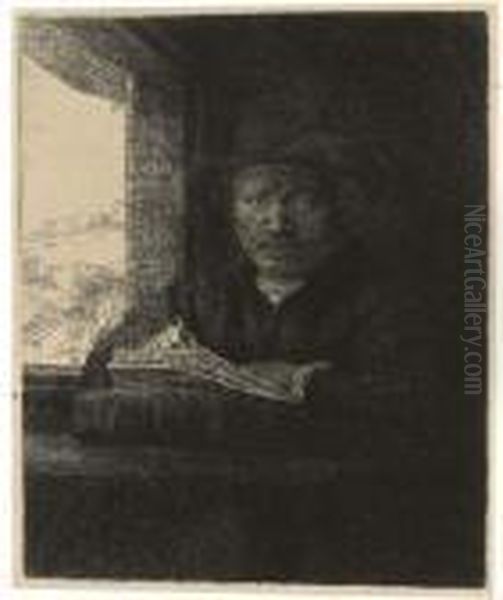 Self Portrait Drawing At A Window (b., Holl. 22; H. 229) Oil Painting by Harmenszoon van Rijn Rembrandt