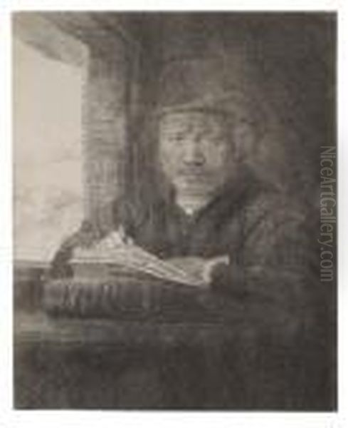 Self Portrait Drawing At A Window Oil Painting by Harmenszoon van Rijn Rembrandt