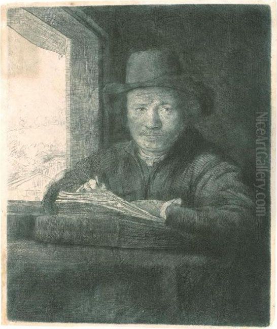 Self Portrait Drawing At A Window (b., Holl. 22; H. 229; Bb. 48-a) Oil Painting by Harmenszoon van Rijn Rembrandt
