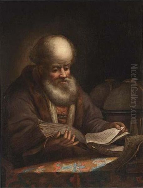 A Portrait Of A Bearded Man Reading Oil Painting by Harmenszoon van Rijn Rembrandt