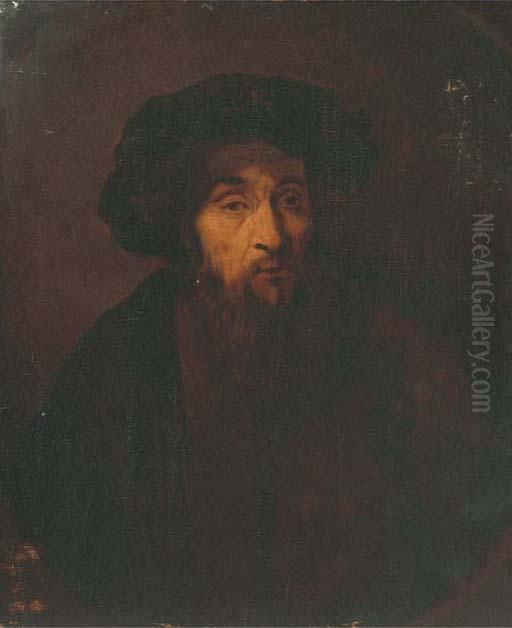 A Bearded Man, Bust-length, With A Black Cap, In A Fiegnedoval Oil Painting by Harmenszoon van Rijn Rembrandt