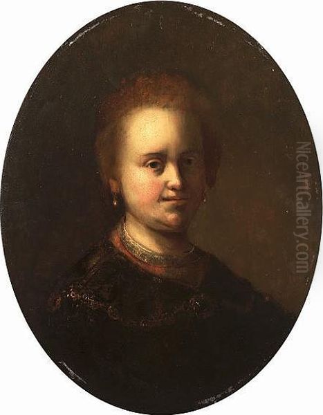 Portrait Of Saskia, Bust-length, In A Brown Dress And Pearl Earrings Oil Painting by Harmenszoon van Rijn Rembrandt