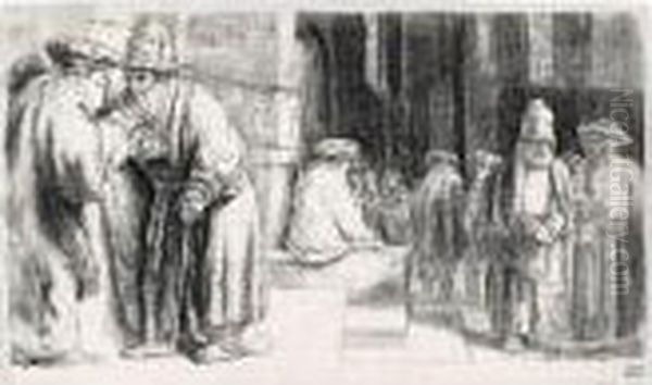 Jews In The Synagogue (b., Holl.126; H.234; Bb.48-d) Oil Painting by Harmenszoon van Rijn Rembrandt