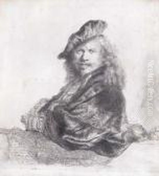 Self-portrait Leaning On A Stone Still Oil Painting by Harmenszoon van Rijn Rembrandt