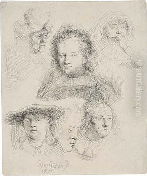 Sheet Of Studies: Head Of Saskia And Others Oil Painting by Harmenszoon van Rijn Rembrandt