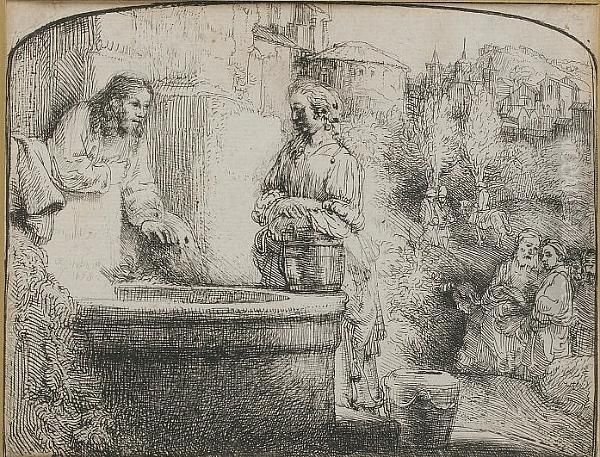 Christ And The Woman Of Samaria (bartsch 70) Oil Painting by Harmenszoon van Rijn Rembrandt