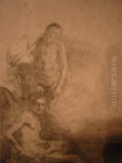 Nude Man Seated And Another Standing With A Woman And Ababy Oil Painting by Harmenszoon van Rijn Rembrandt