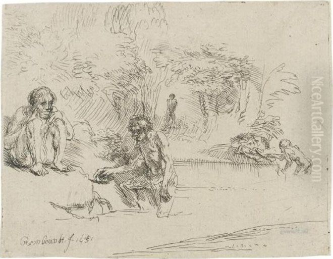 The Bathers (b., Holl.195; H.250; Bb.51-b) Oil Painting by Harmenszoon van Rijn Rembrandt