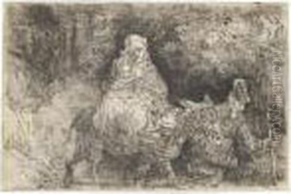 The Flight Into Egypt: Crossing A Brook (b., Holl.55; H.276; 54-d) Oil Painting by Harmenszoon van Rijn Rembrandt