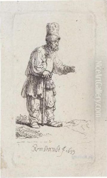 A Peasant In A High Cap, Standing Leaning On A Stick (b., Holl.133; H.164; Bb.39-b) Oil Painting by Harmenszoon van Rijn Rembrandt