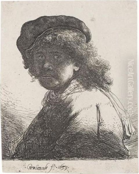 Self Portrait In A Cap And Scarf With The Face Dark: Bust (b., Holl.17; H.108; Bb.33-g) Oil Painting by Harmenszoon van Rijn Rembrandt