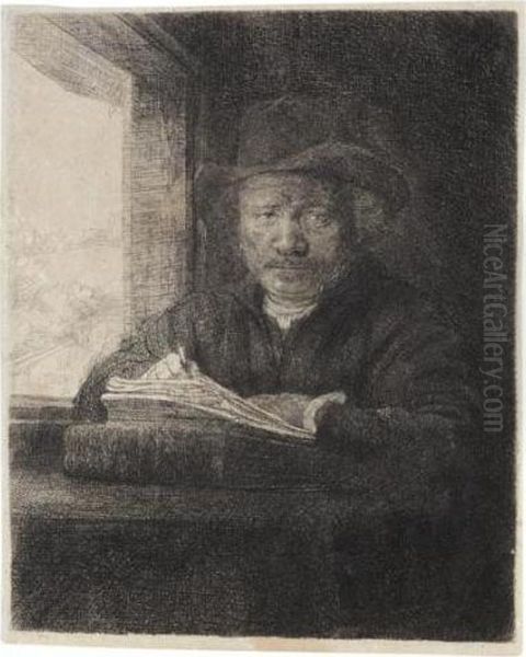 Self Portrait Drawing At A Window (b., Holl.22; H.229; Bb.48-a) Oil Painting by Harmenszoon van Rijn Rembrandt