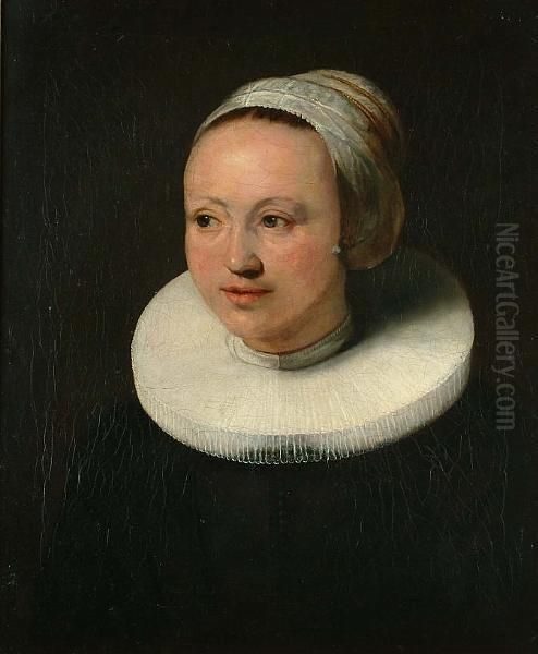 Portrait Of Ariantje Hollaer, Bust Length With A White Ruff And Cap Oil Painting by Harmenszoon van Rijn Rembrandt
