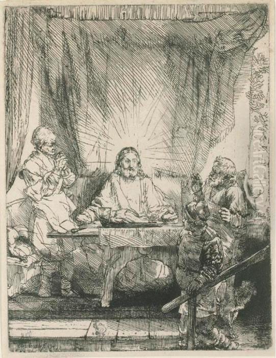 Christ At Emmaus: The Larger Plate (b., Holl. 87; H. 282; Bb. 54-h) Oil Painting by Harmenszoon van Rijn Rembrandt