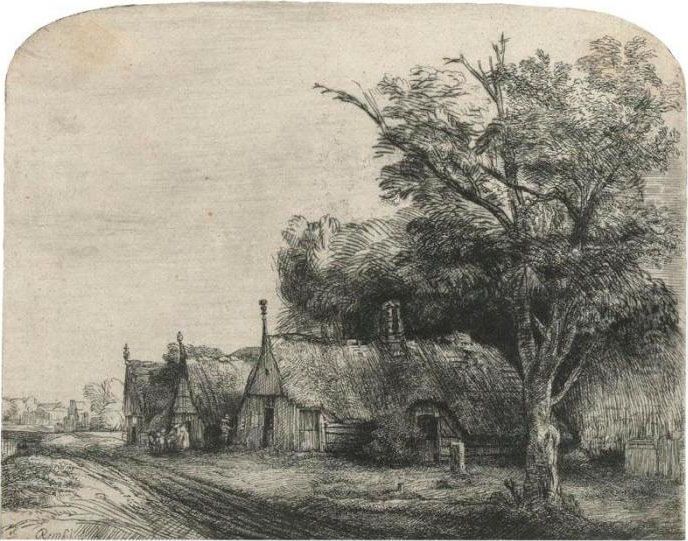 Landscape With Three Gabled Cottages Beside A Road (b., Holl. 217; H. 246; Bb. 50-d) Oil Painting by Harmenszoon van Rijn Rembrandt