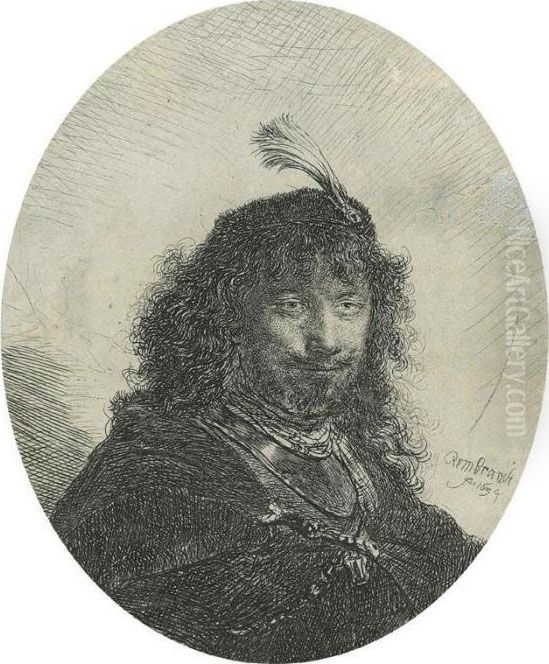 Self Portrait (?) With Plumed Cap And Lowered Sabre (b., Holl. 23; H. 110; Bb.34-b) Oil Painting by Harmenszoon van Rijn Rembrandt