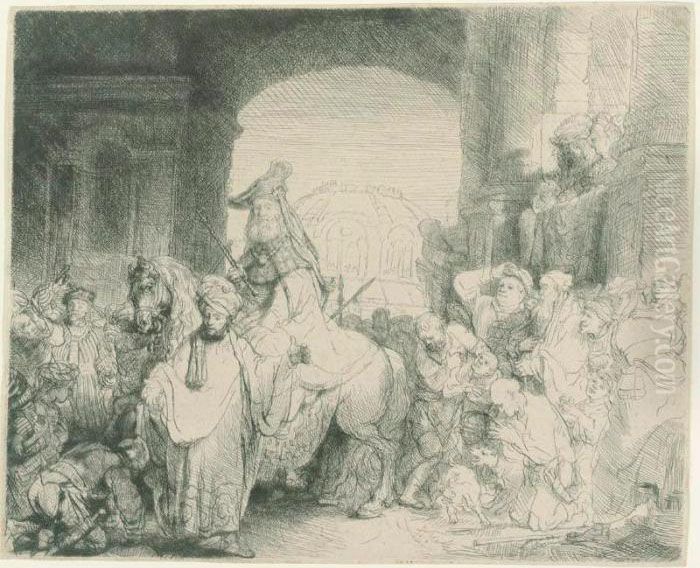 The Triumph Of Mordecai (b., Holl. 40; H. 172; Bb. 41-1) Oil Painting by Harmenszoon van Rijn Rembrandt