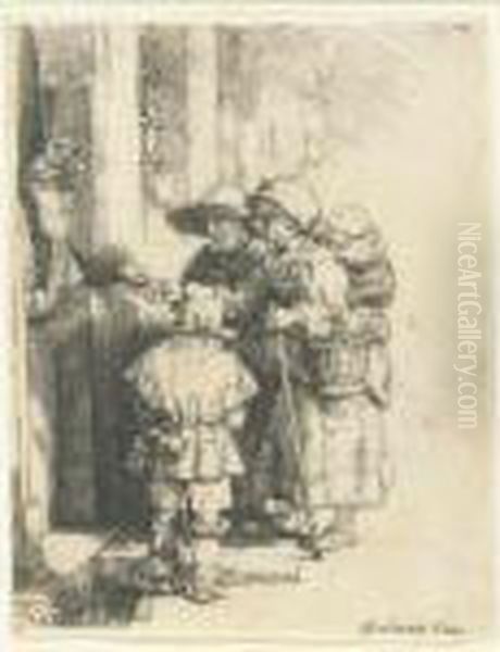 Beggars Receiving Alms At The Door Of A House (b., Holl. 176; H. 233; Bb. 48-c) Oil Painting by Harmenszoon van Rijn Rembrandt