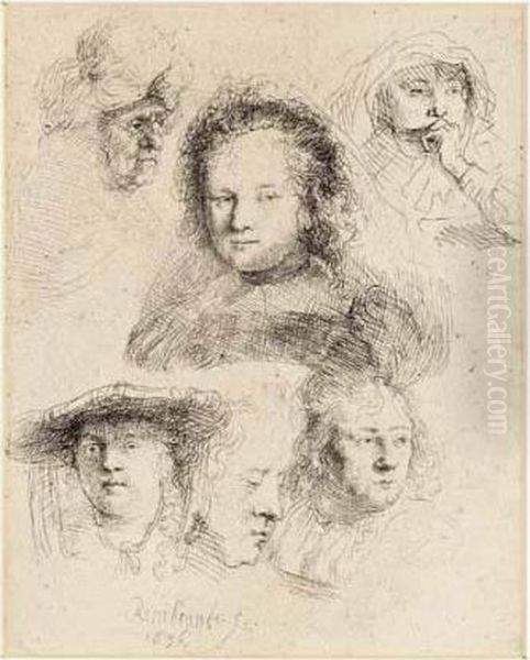 Studies Of The Head Of Saskia (b., Holl.365; H.145; Bb.36-b) Oil Painting by Harmenszoon van Rijn Rembrandt